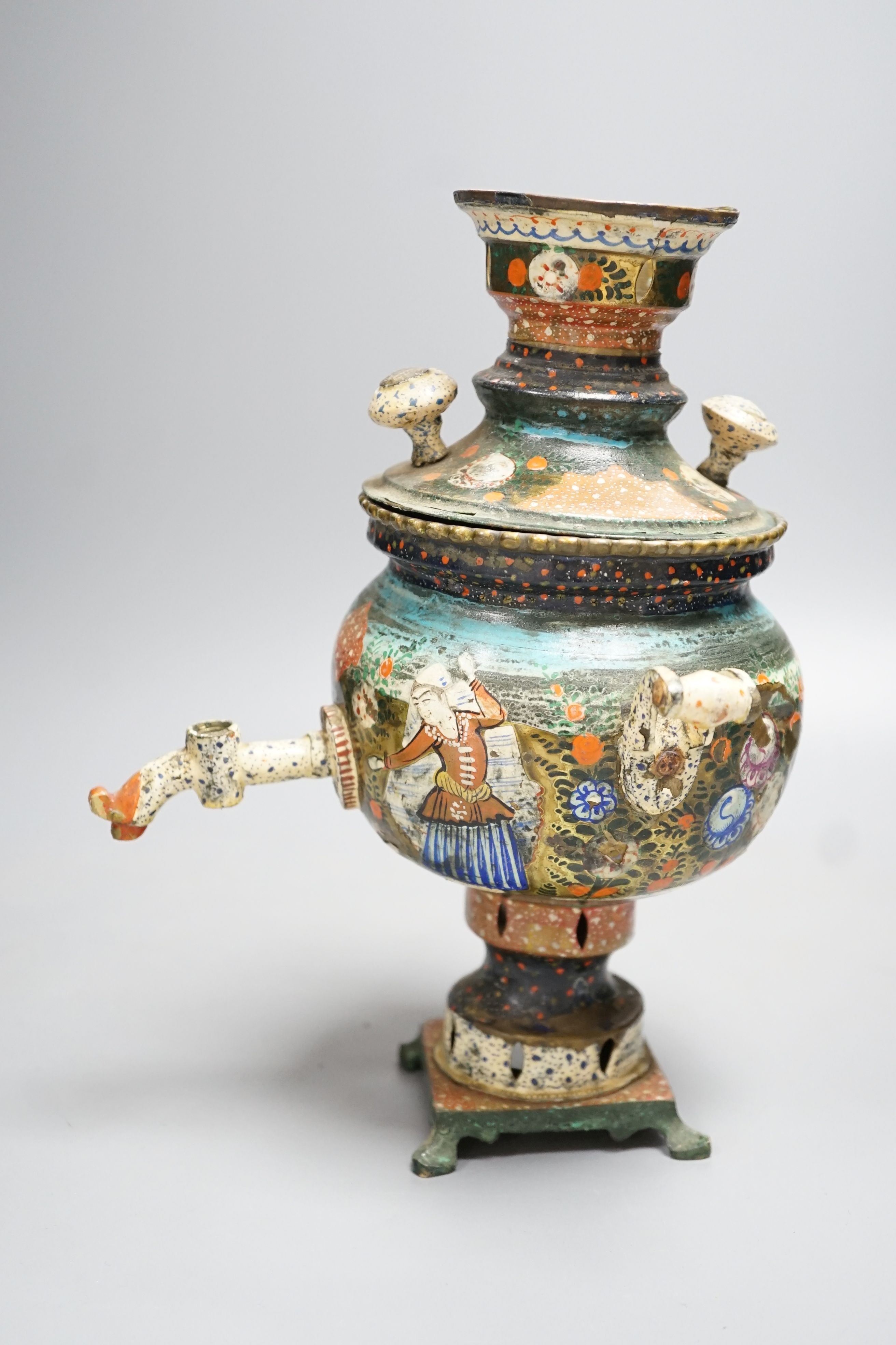 A Persian enamelled brass tea urn 24cm